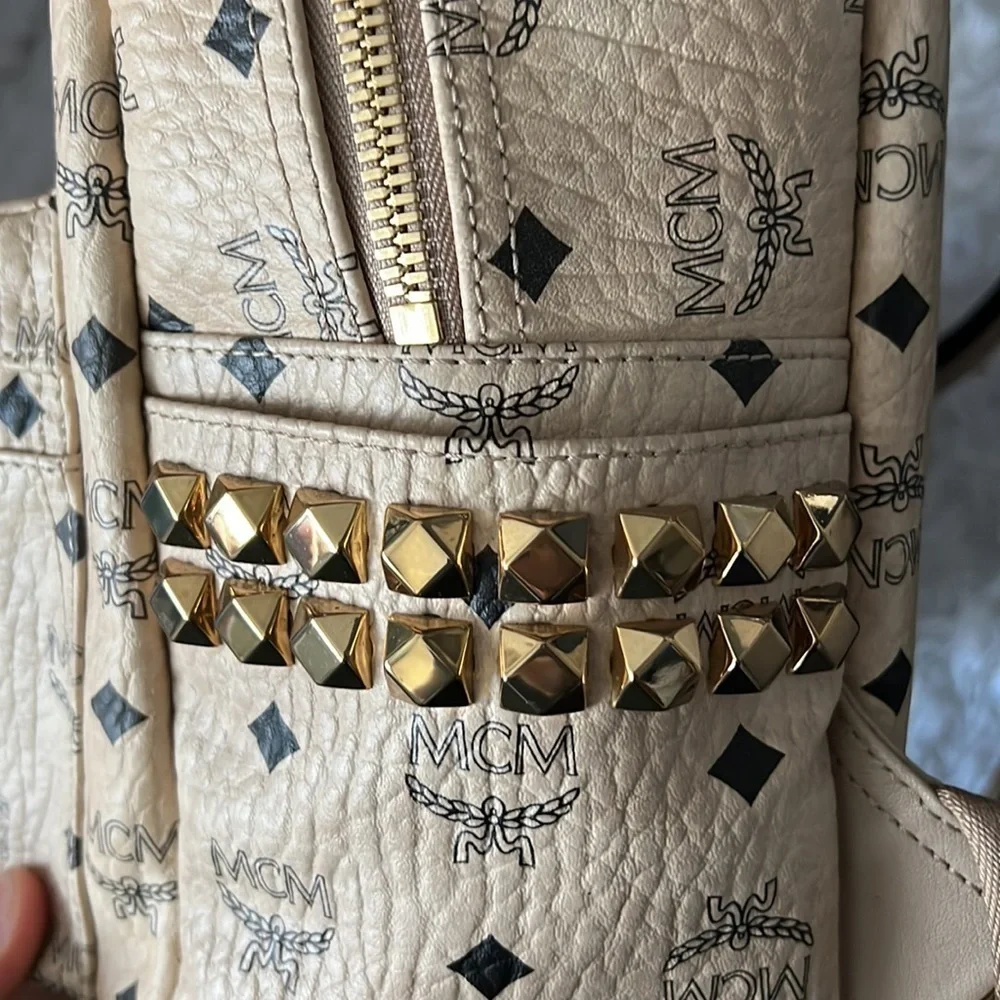 MCM Beige and Black Logo Backpack